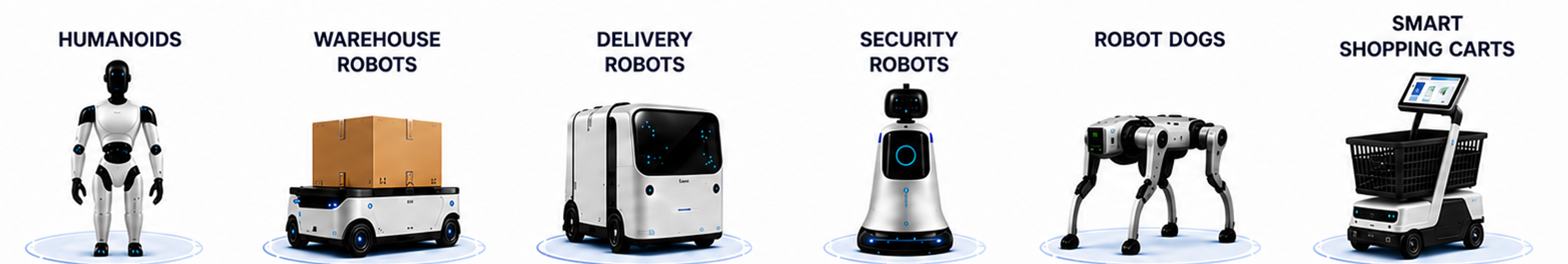 Robot categories served by the platform: humanoids, warehouse robots, delivery robots, security robots, robot dogs and smart shopping carts.